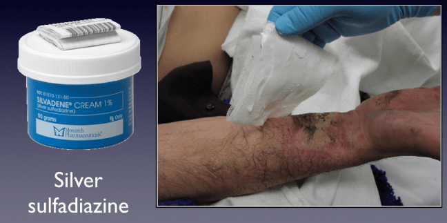 Topical silver is the conventional antimicrobial used for burn wound dressings.